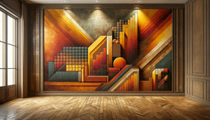 Fresque murale années 1970 aux pigments acryliques ocre, orange électrique et jaune moutarde sur mur intérieur vintage