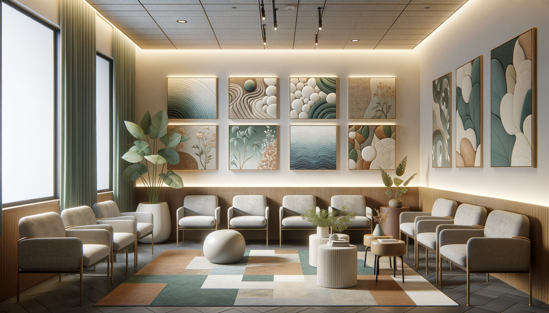 Salle d'attente médicale moderne avec tableaux muraux abstraits aux motifs naturels universels et apaisants pour patientèle multiculturelle