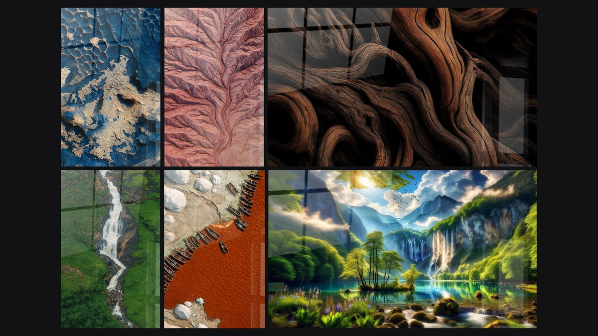 Mosaico di sei quadri, tra cui Corteccia Azzurra, Danza del Rilievo e Caduta di Silenzio