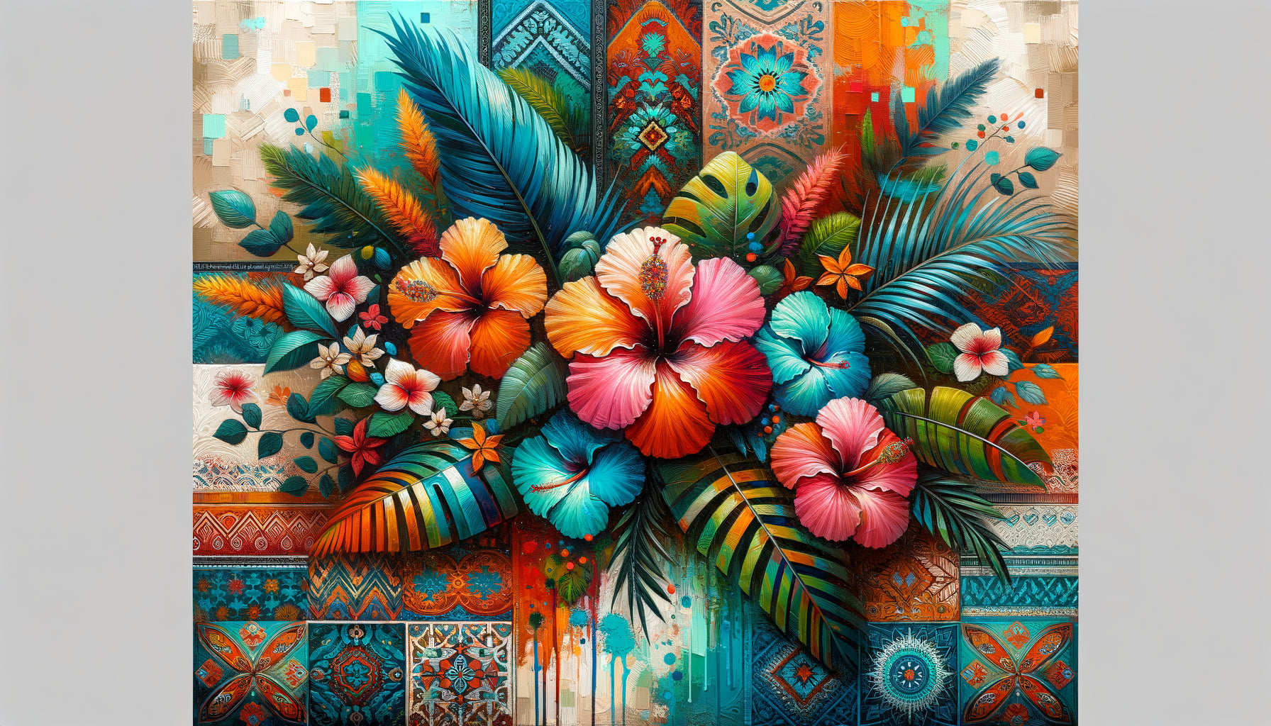 Tableau contemporain aux motifs tropicaux créoles, explosion de couleurs vives authentiques des DOM-TOM