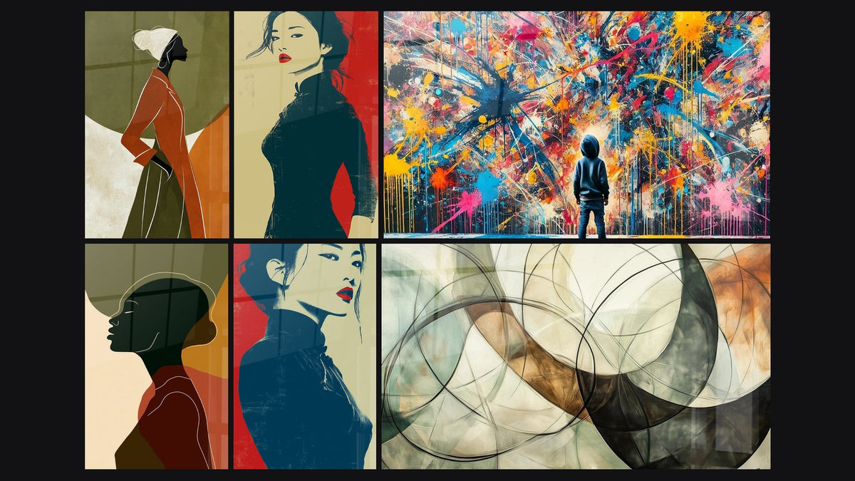Mosaic of six paintings, including Olive Green and Ochre Profile Silhouette and Robe cheongsam black and beige diamond red