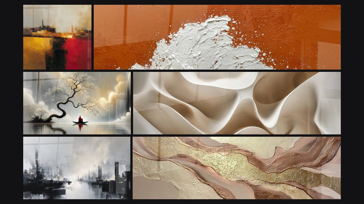 Mosaïque de six tableaux, dont Voyage Intérieur, Vague Blanche sur Fond Orange Cuivré et Abstrait Vagues Dorées et Cuivrées