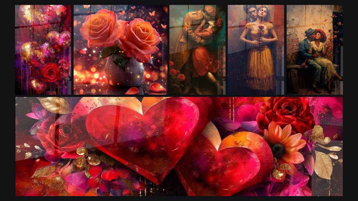 Mosaico de seis cuadros, entre ellos Corazón Filtro de Amor, Rosas Eternas Pasión y Pareja Ternura Infinita