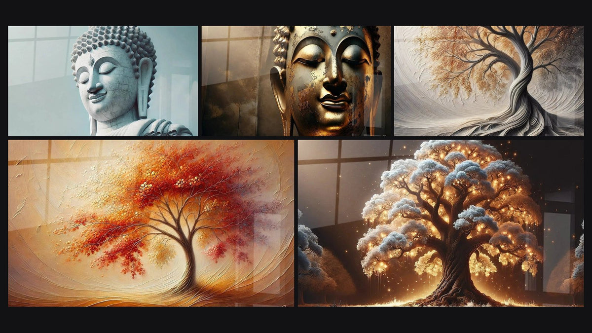 Mosaico di cinque quadri, tra cui Tranquillità Divina, Silenzio Dorato e Respiro della Terra