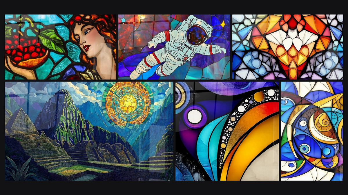 Mosaico de seis cuadros, entre ellos Granada Divina, Viajero Cósmico y Abstracto contemporáneo