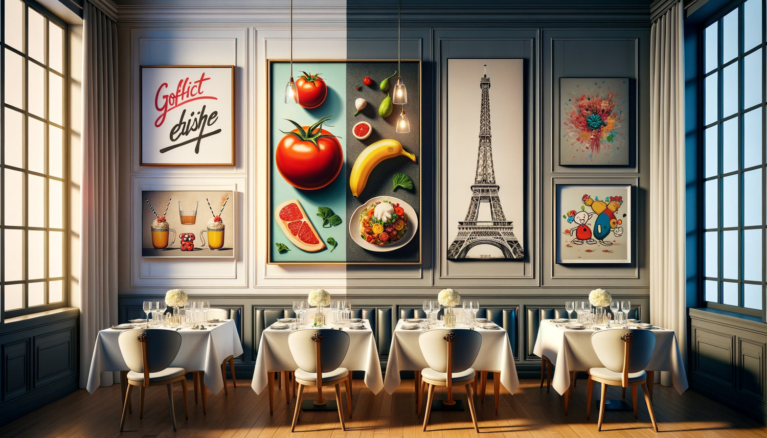 Restaurant gastronomique montrant le contraste entre tableaux muraux inappropriés criards et décoration murale élégante minimaliste