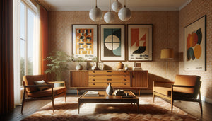 Intérieur années 1960 avec tableaux muraux aux formats standards 50x70, 60x80 et 40x50 cm, décoration mid-century moderne