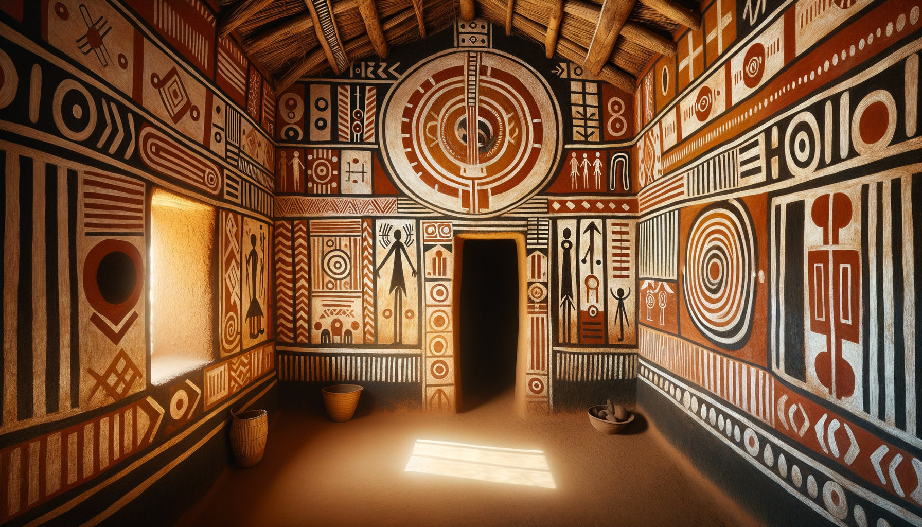 Fresque murale traditionnelle mossi aux motifs géométriques sacrés dans une maison d'initiation au Burkina Faso