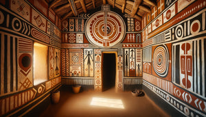 Fresque murale traditionnelle mossi aux motifs géométriques sacrés dans une maison d'initiation au Burkina Faso