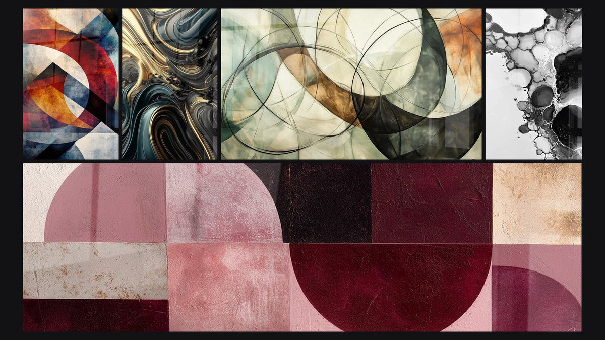 Mosaïque de cinq tableaux, dont Formes géométriques circulaires, Ondulations Opulentes et Les Liens Invisibles