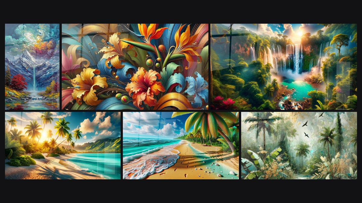 Mosaico di sei quadri, tra cui Risveglio delle Palme a Beira Mare, Serenata delle Palme in Riva al Mare e Rapsodia Botanica