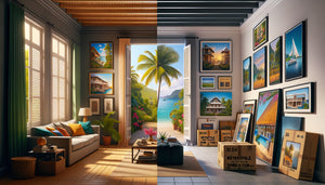 Comparaison visuelle décoration murale DOM-TOM locale versus tableaux importés métropole française, intérieur contemporain tropical