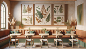 Tableaux muraux botaniques contemporains dans restaurant végétarien : herbier encadré, abstraction végétale et photographie macro de feuilles