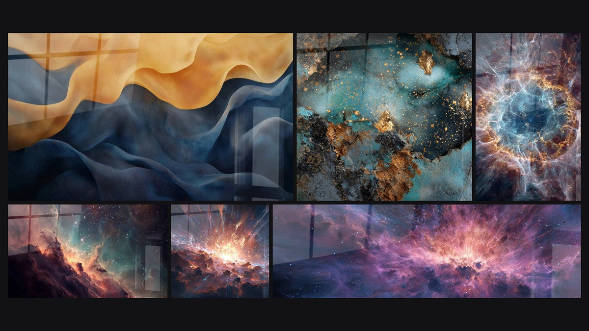 Mosaico de seis cuadros, entre ellos Florecimiento Sedoso, Nebulosa estelar y Galaxia abstracta