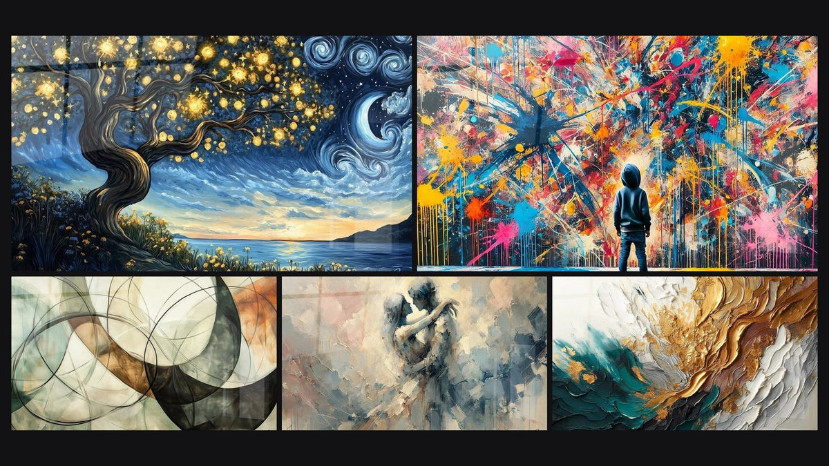 Mosaico di cinque quadri, tra cui I Legami Invisibili, Schizzi di Pittura e Tra Noi