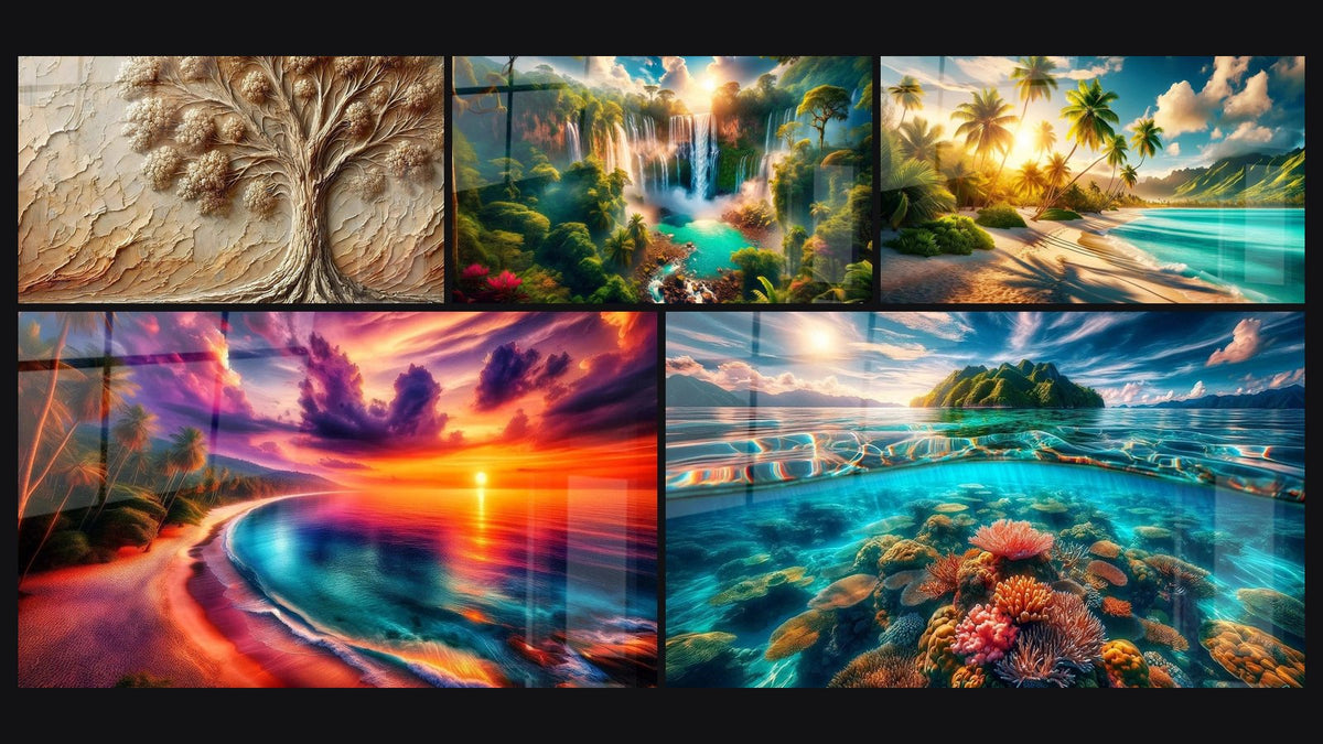 Mosaico de cinco cuadros, entre ellos Árbol del Pasado y Amanecer Mágico sobre Paraíso Acuático