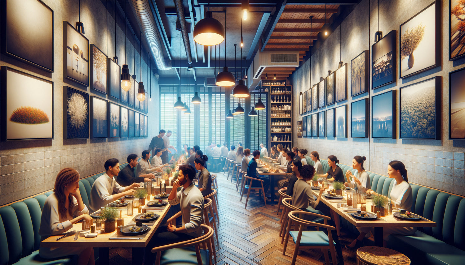 Restaurant très fréquenté avec tableaux muraux résistants en dibond et plexiglas, installation professionnelle durable