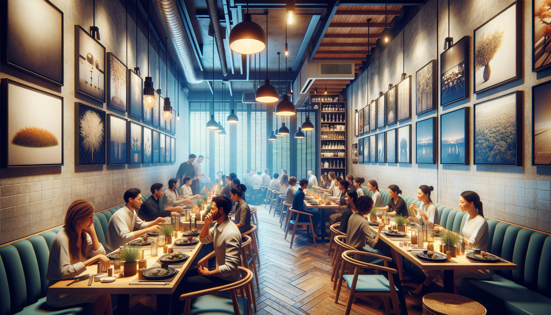 Restaurant très fréquenté avec tableaux muraux résistants en dibond et plexiglas, installation professionnelle durable