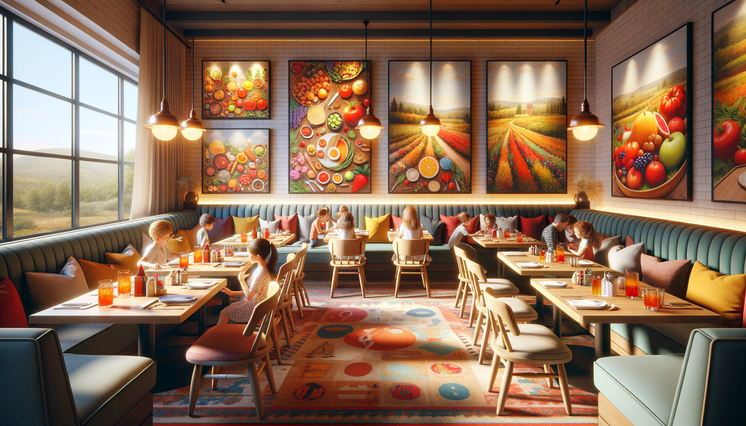 Intérieur chaleureux de restaurant familial avec tableaux muraux colorés et accueillants adaptés aux familles avec enfants