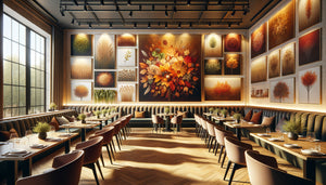 Mur de restaurant avec rotation saisonnière de tableaux contemporains automne et printemps, ambiance gastronomique raffinée