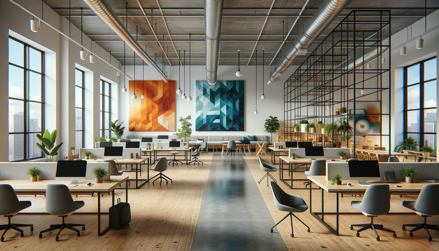 Espace de coworking moderne structuré visuellement par des tableaux muraux colorés délimitant différentes zones de travail