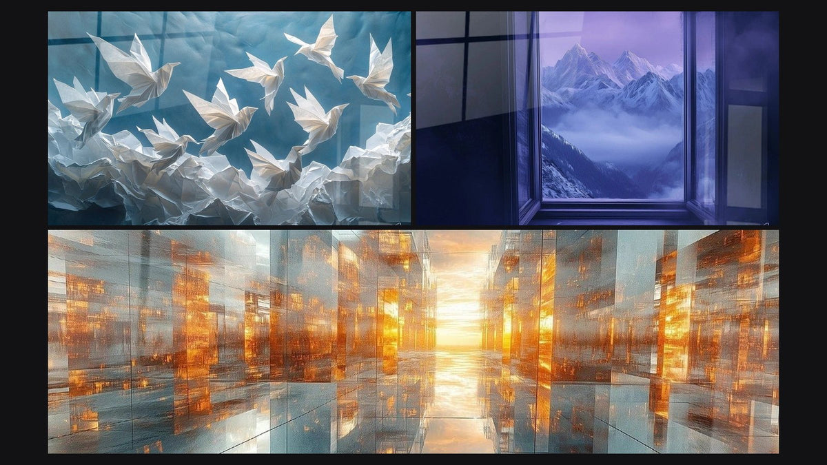 Mosaïque de trois tableaux : Origami Danse de papier, Montagne Rêve d'altitude et Métropole âme de cuivre