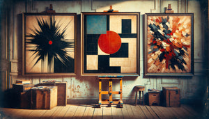 Triptyque présentant trois mouvements abstraits vintage : suprématisme géométrique, expressionnisme abstrait gestuel et art informel texturé des années 1910-1960