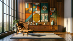 Intérieur mid-century moderne années 60 avec tableau mural vintage abstrait aux couleurs chaudes et mobilier iconique en teck