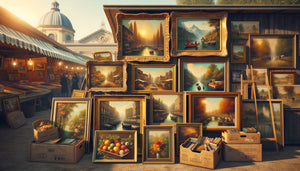 Étal de vide-grenier français avec accumulation de tableaux muraux vintage années 1950-1980, paysages alpins et natures mortes en cadres dorés