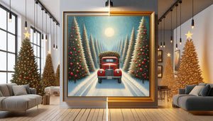 Comparaison visuelle entre tableaux de Noël en série identiques et œuvre unique artisanale dans intérieur festif contemporain