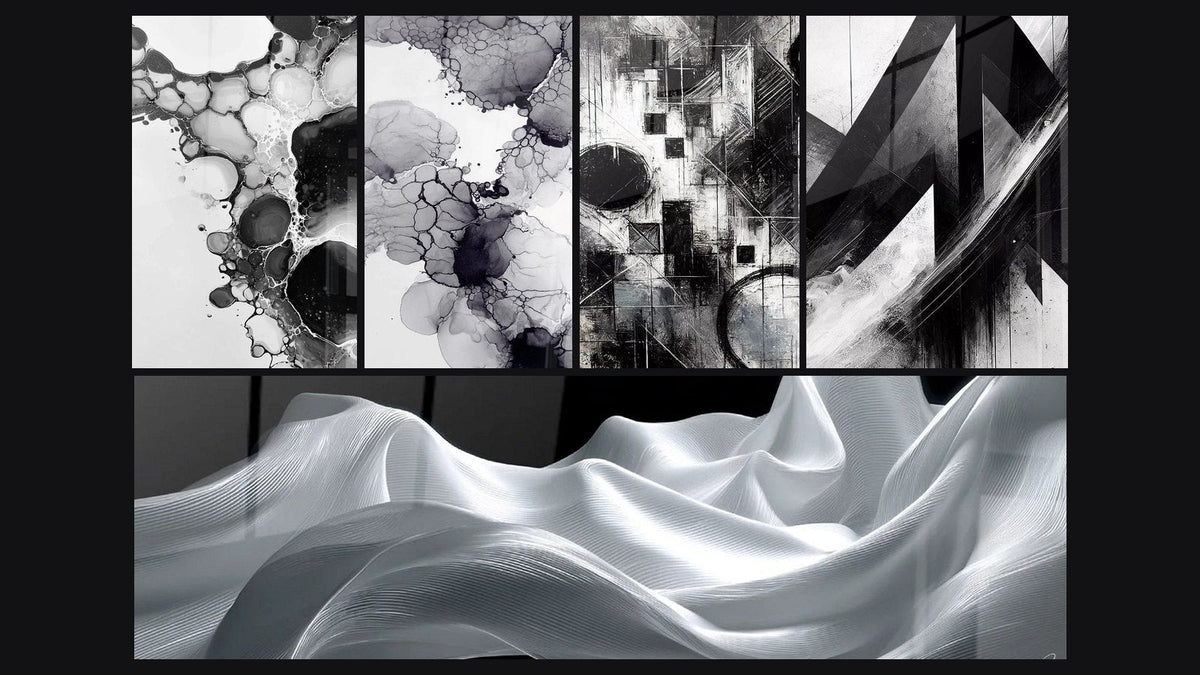 Mosaic of five paintings, including Bubble Abstract, Fluid Waves and Abstract Ink