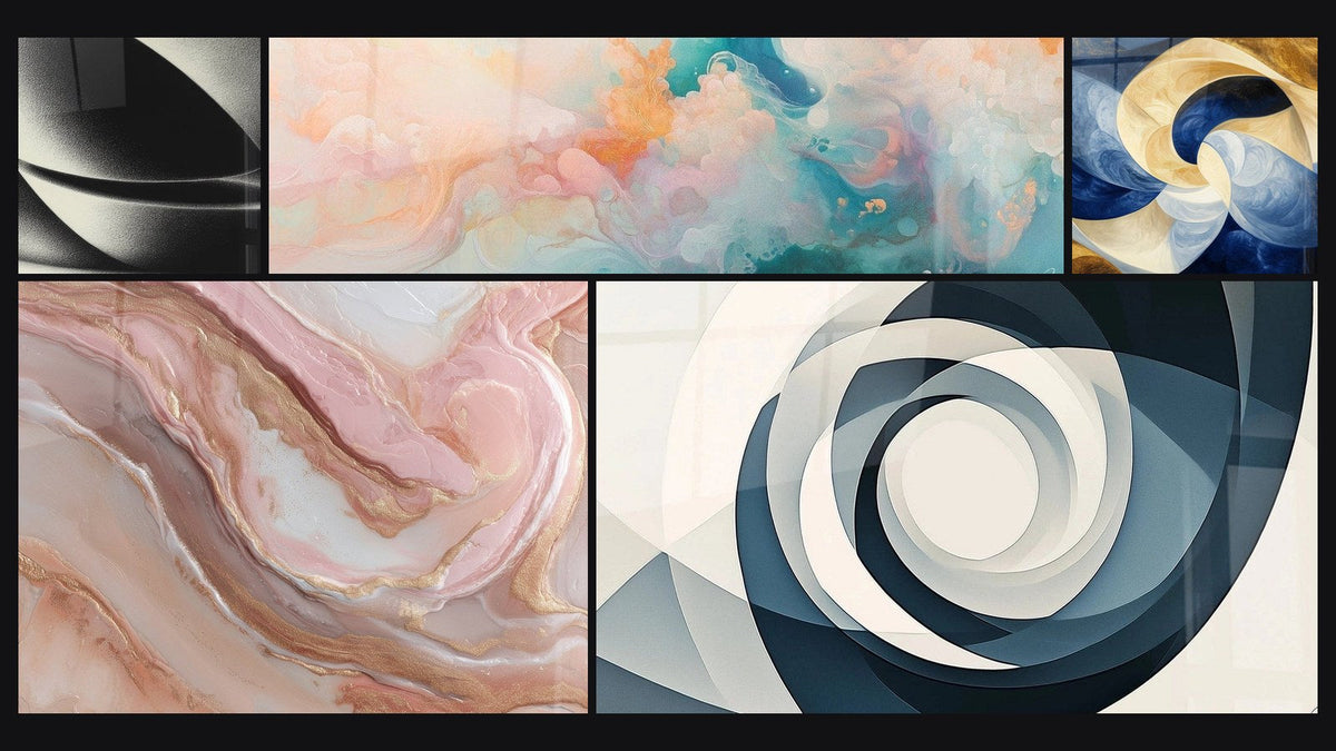 Mosaic of five paintings, including Abstract Sphere, Cumulus Floating Pink and Vortex Azure