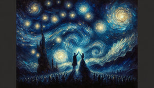 Peinture romantique post-impressionniste de couple sous ciel étoilé tourbillonnant faisant serment d'amour, atmosphère cosmique intime