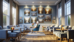 Résidente senior contemplant des tableaux originaux et reproductions dans un salon de résidence médicalisée chaleureux