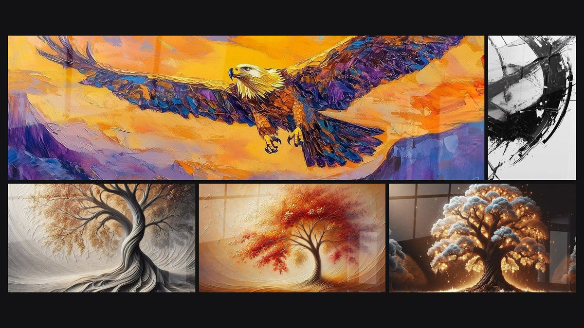 Mosaico di cinque quadri, tra cui Grandezza Alpina Magenta, La Frattura del Tempo e Respiro della Terra