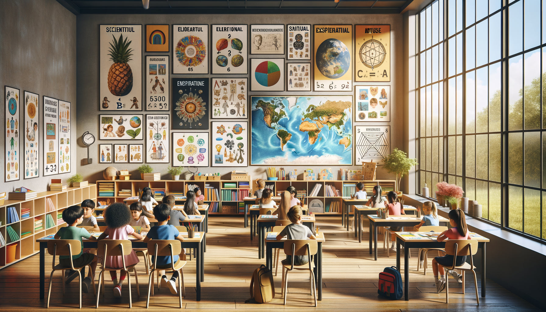 Classe scolaire moderne avec tableaux éducatifs alignés sur le projet pédagogique, élèves en activité d'apprentissage collaboratif