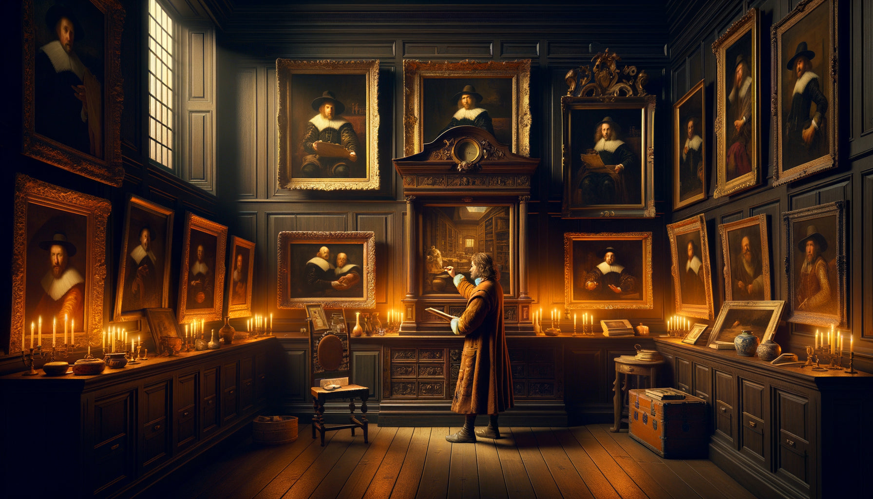 Collectionneur du 17ème siècle examinant une peinture de petit maître dans un cabinet privé d'époque baroque
