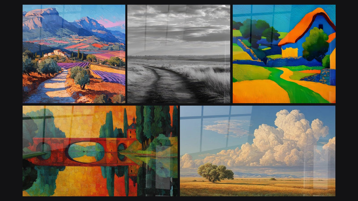 Mosaic of five paintings, including Provençal landscape, Countryside Bridge and Black and White Rural Path
