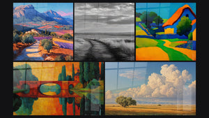 Mozaïek van vijf schilderijen, waaronder Landweg in zwart-wit, Landschap prairie en wolken en Kleurrijk landschapstabelau