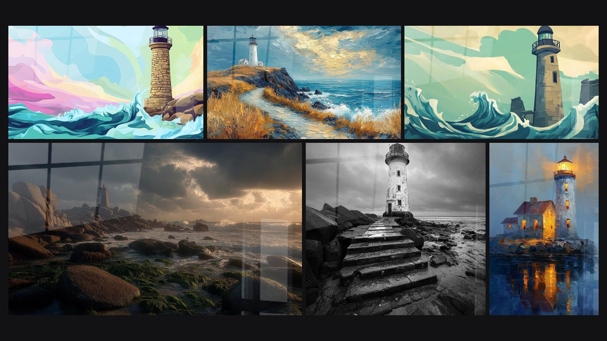 Mosaïque de six tableaux, dont Gardien des Flots, Chemin du Phare et Phare côtier rocheux