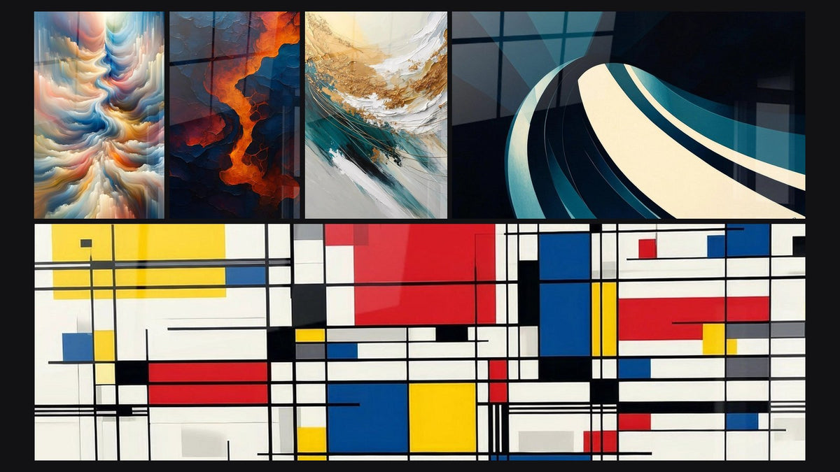 Mosaico de cinco cuadros, entre ellos Resonancia de Tonos Celestes, Sangre de la tierra y Crepúsculo de Elementos