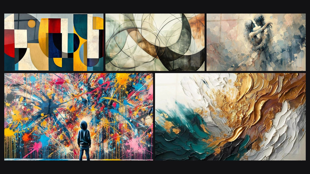 Mozaïek van vijf schilderijen, waaronder Abstracte geometrische vormen, Onzichtbare Banden en Verfspatten