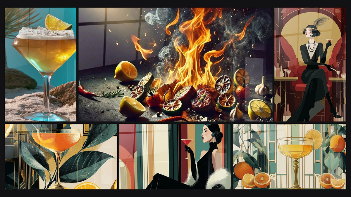 Mosaic of six paintings, including Golden Cut with Salt and Lemon, Aromatic Flames and Tropical Cocktail