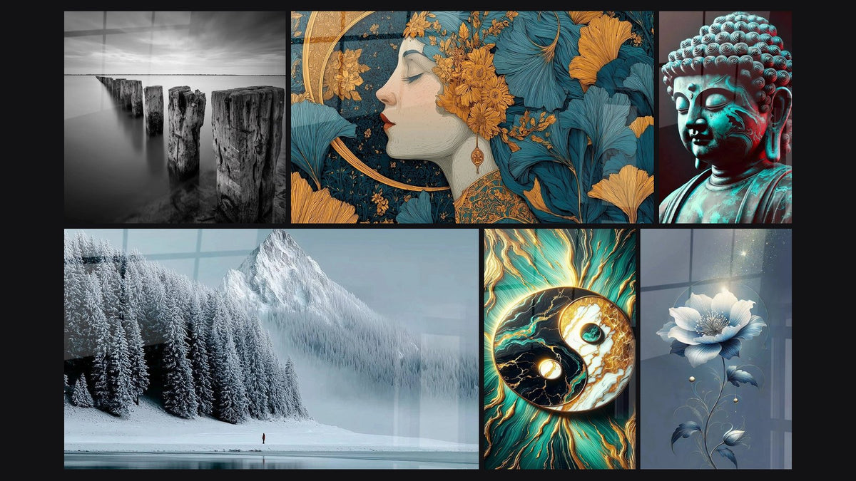 Mosaico di sei quadri, tra cui A forma di croce in legno nell'acqua, Donna Meditazione Dorata e Montagna meditazione polare