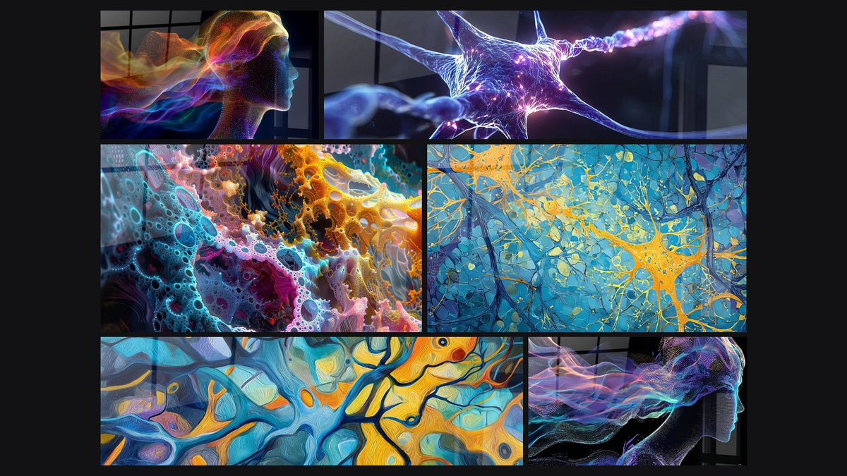 Mosaico di sei quadri, tra cui Profil femminile digitale, Connessioni Sinaptiche di e Neurone luminoso