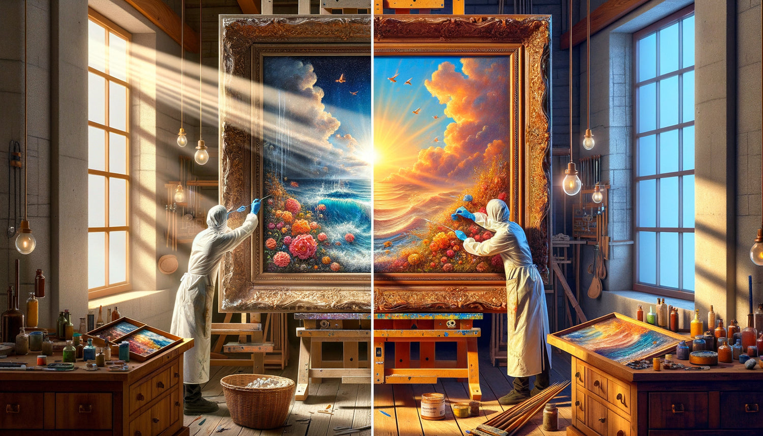 Comparaison visuelle d'un tableau protégé contre la décoloration UV versus exposition directe au soleil