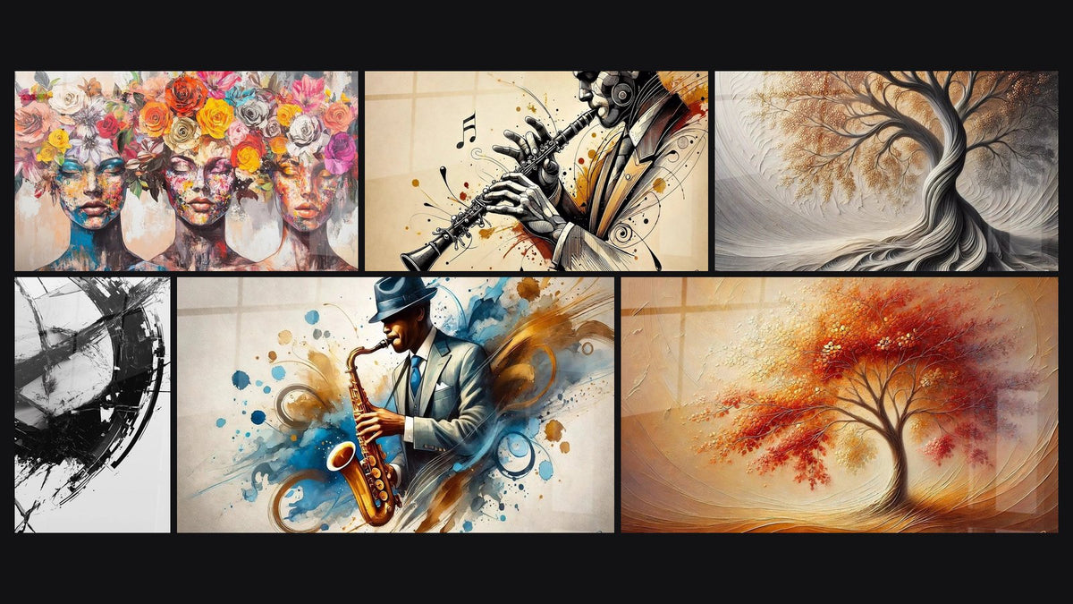 Mosaic of six paintings, including The Blooming Muses, The Break in Time and Breath of Earth