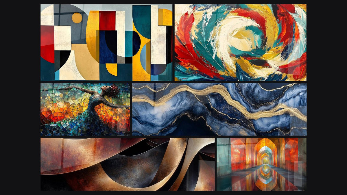 Mosaico de seis cuadros, entre ellos Formas geométricas de colores y Danza Llama Liberadora Roja