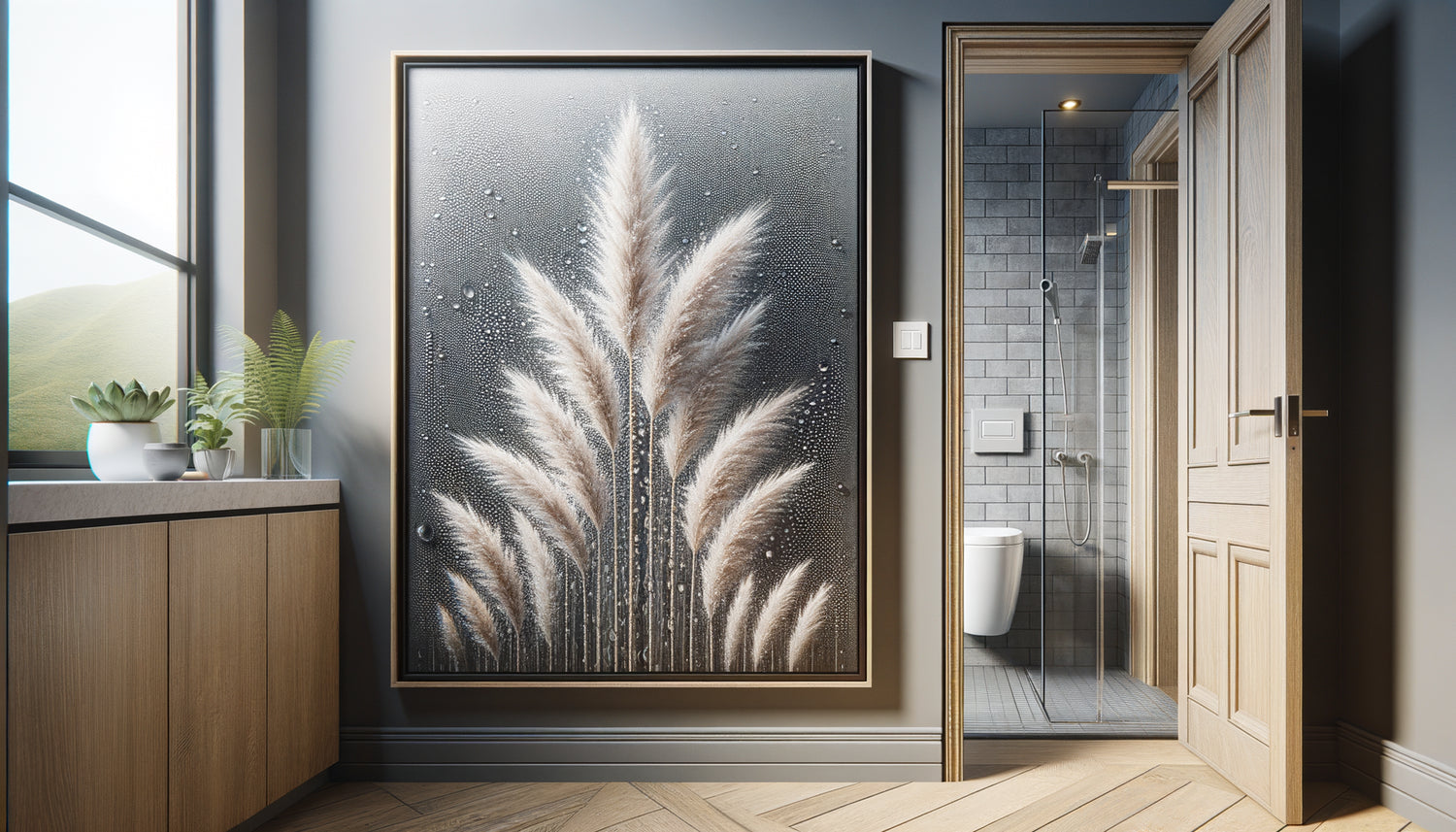 Tableau encadré hermétiquement dans un couloir humide près d'une salle de bain avec cadre protecteur anti-humidité