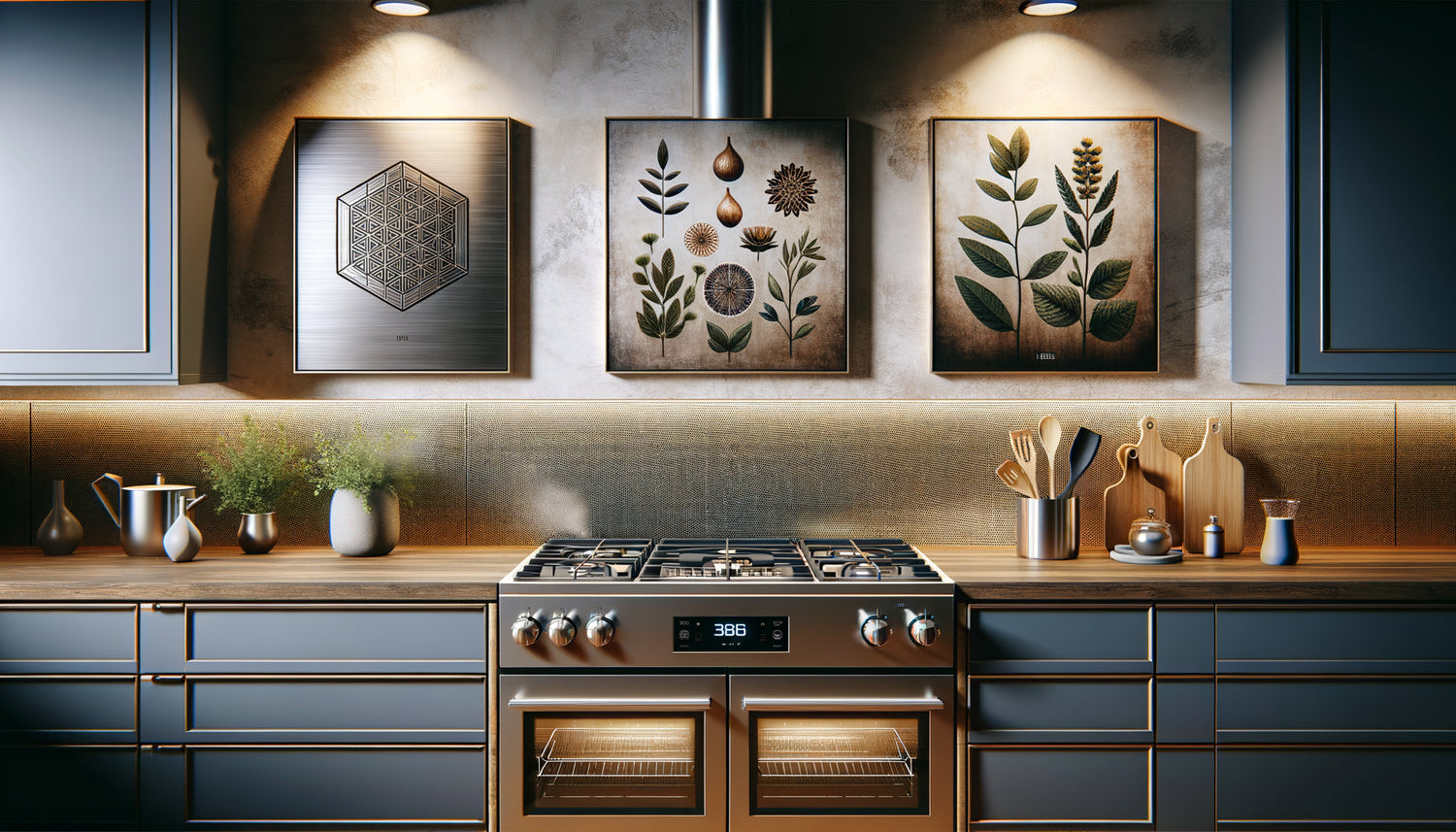 Tableaux résistants à la chaleur en métal, verre trempé et céramique émaillée installés au-dessus d'une plaque de cuisson moderne